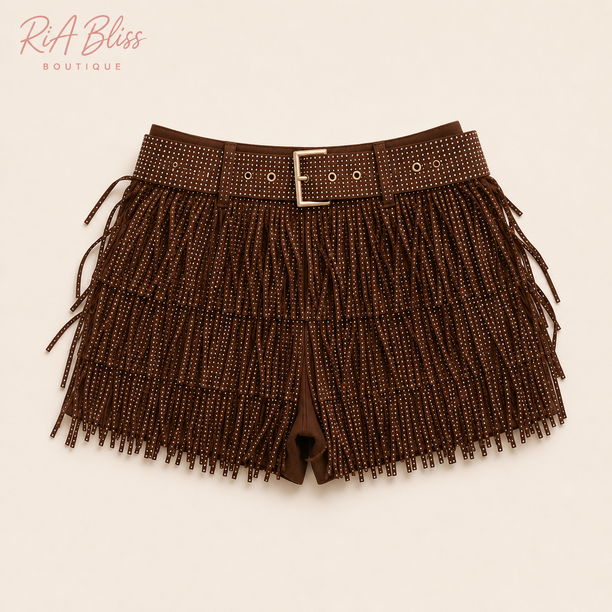 Starlight Rodeo Rhinestone Fringe Shorts | Brown Western Cowgirl Festival Shorts with Studded Belt