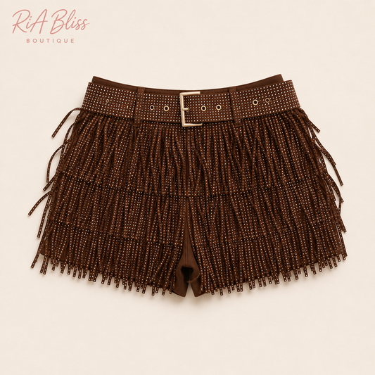Starlight Rodeo Rhinestone Fringe Shorts | Brown Western Cowgirl Festival Shorts with Studded Belt