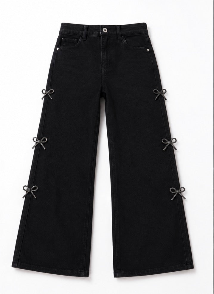 Midnight Sparkle Bow Wide Leg Jeans – High Waist Black Denim Pants