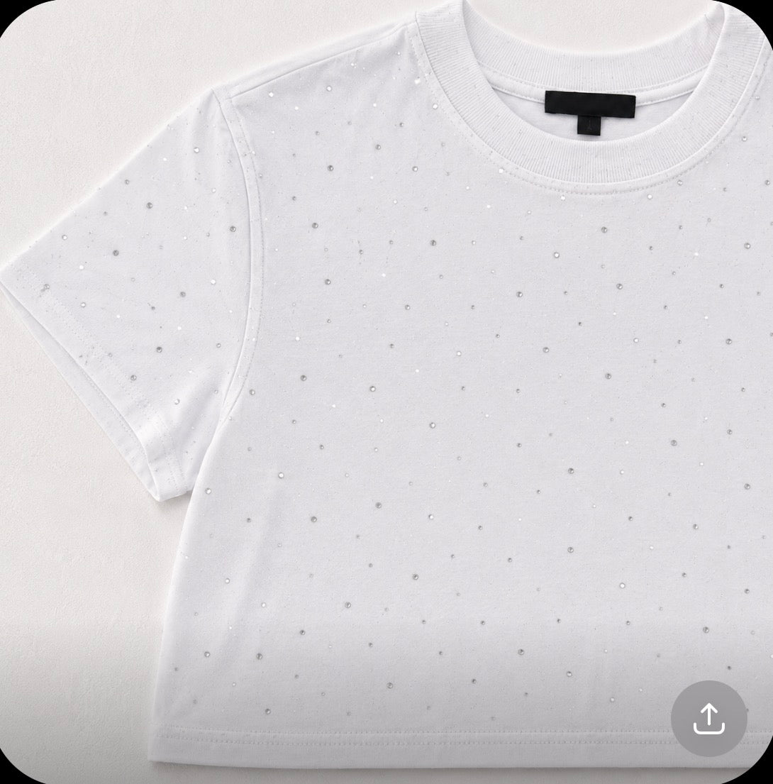 Women's White Glitter Dot Cropped T-Shirt | Sparkle Crew Neck Crop Top