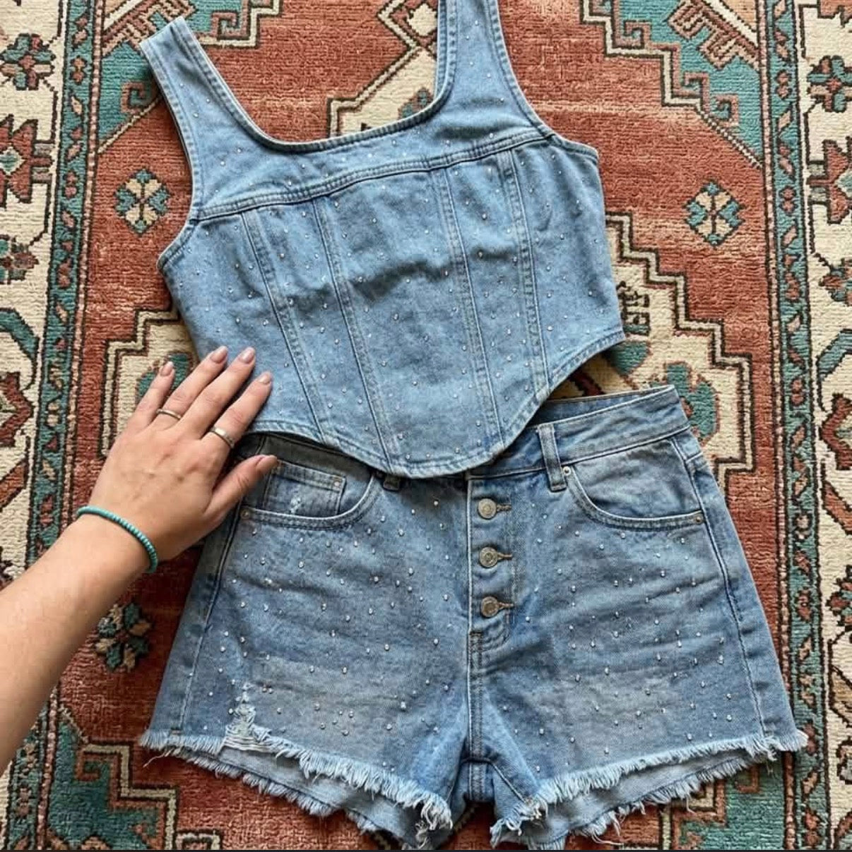 Starlit Denim Rhinestone Corset Top & Shorts Set