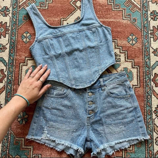 Starlit Denim Rhinestone Corset Top & Shorts Set