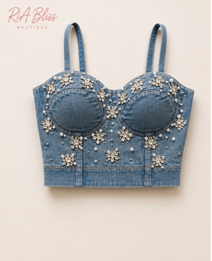 Starlight Denim Embellished Corset Top